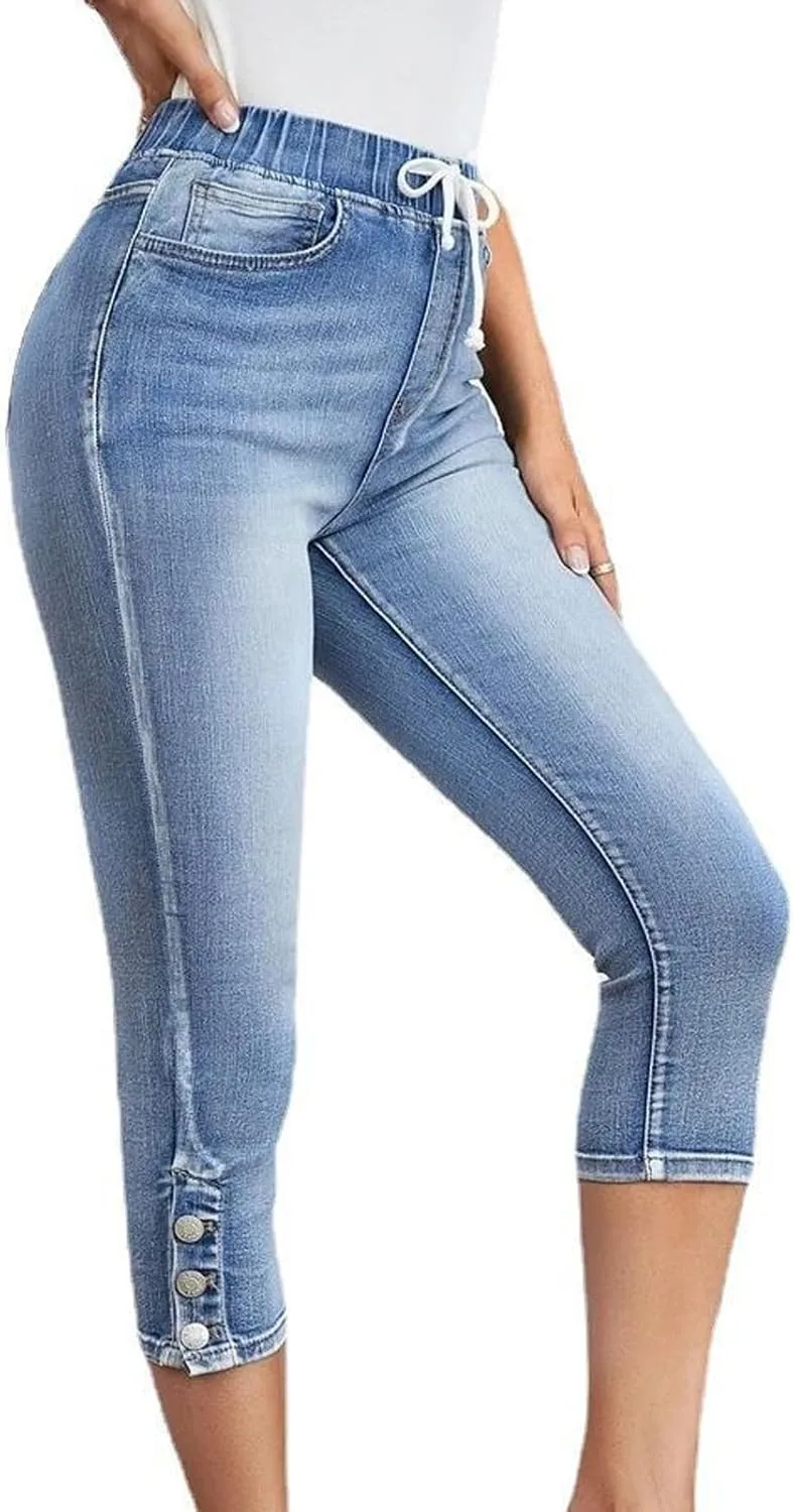 

Conshvi женские джинсы-капри с завязками на поясе, облегающие, с эффектом потертости