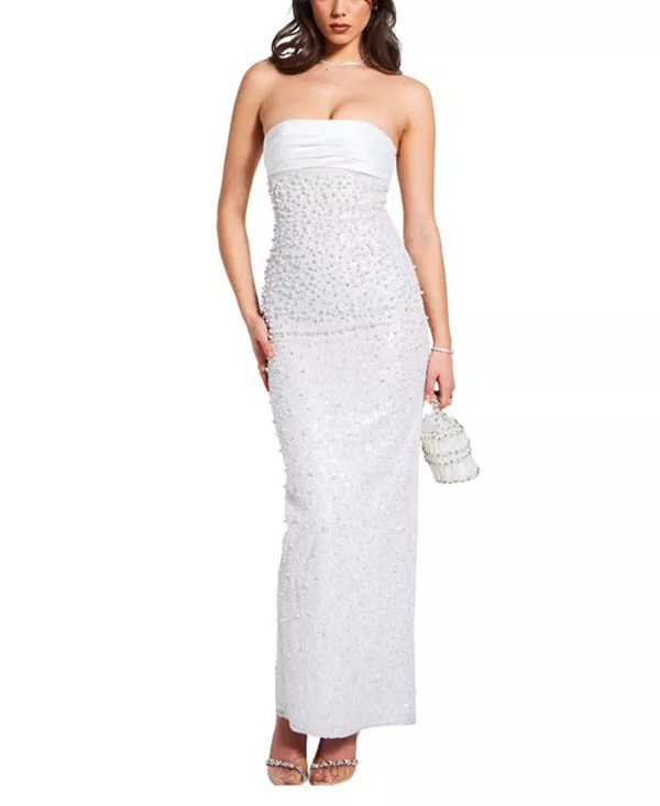 

Длинное вечернее платье Lainey из атласа, расшитое пайетками и бисером. Miss Circle, белый