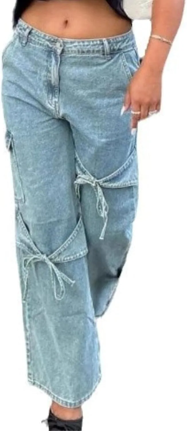 

Женские джинсы Y2k Baggy с бантом Kawaii, широкие штанины HOKMAH