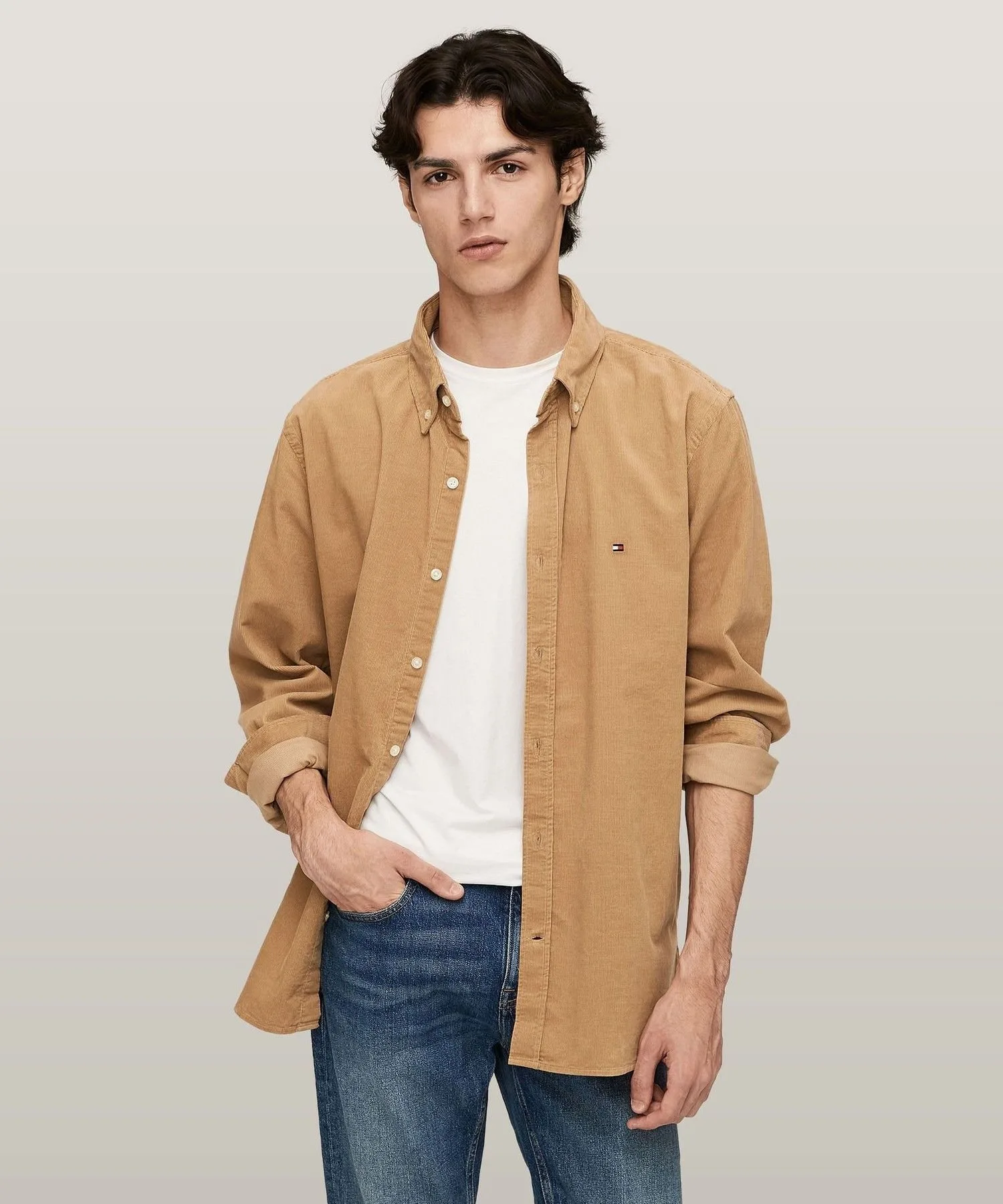 Однотонная вельветовая рубашка на пуговицах TOMMY HILFIGER, Beige RBC