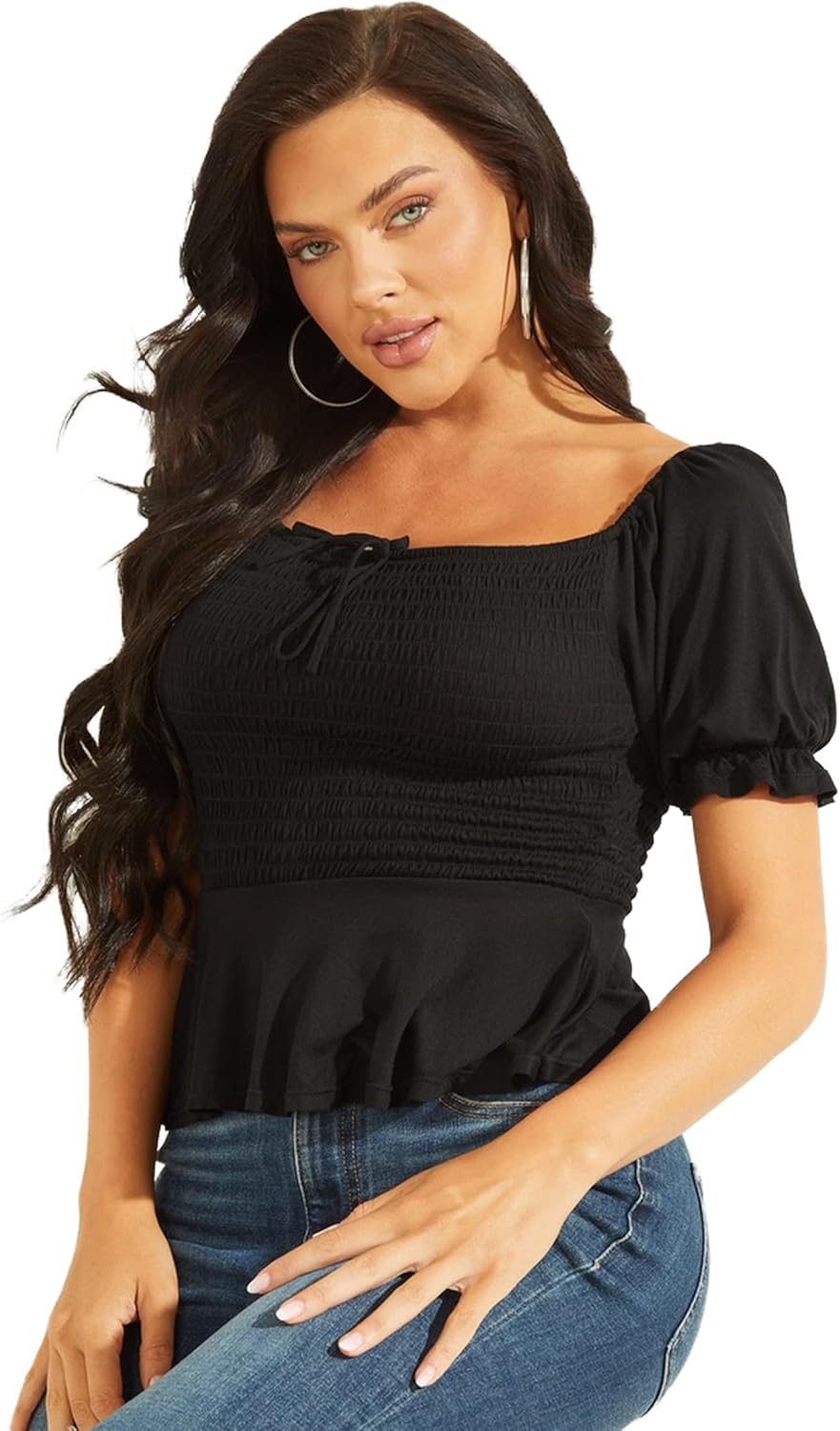 

Женский топ Guess Riza с коротким рукавом и сборкой, Black