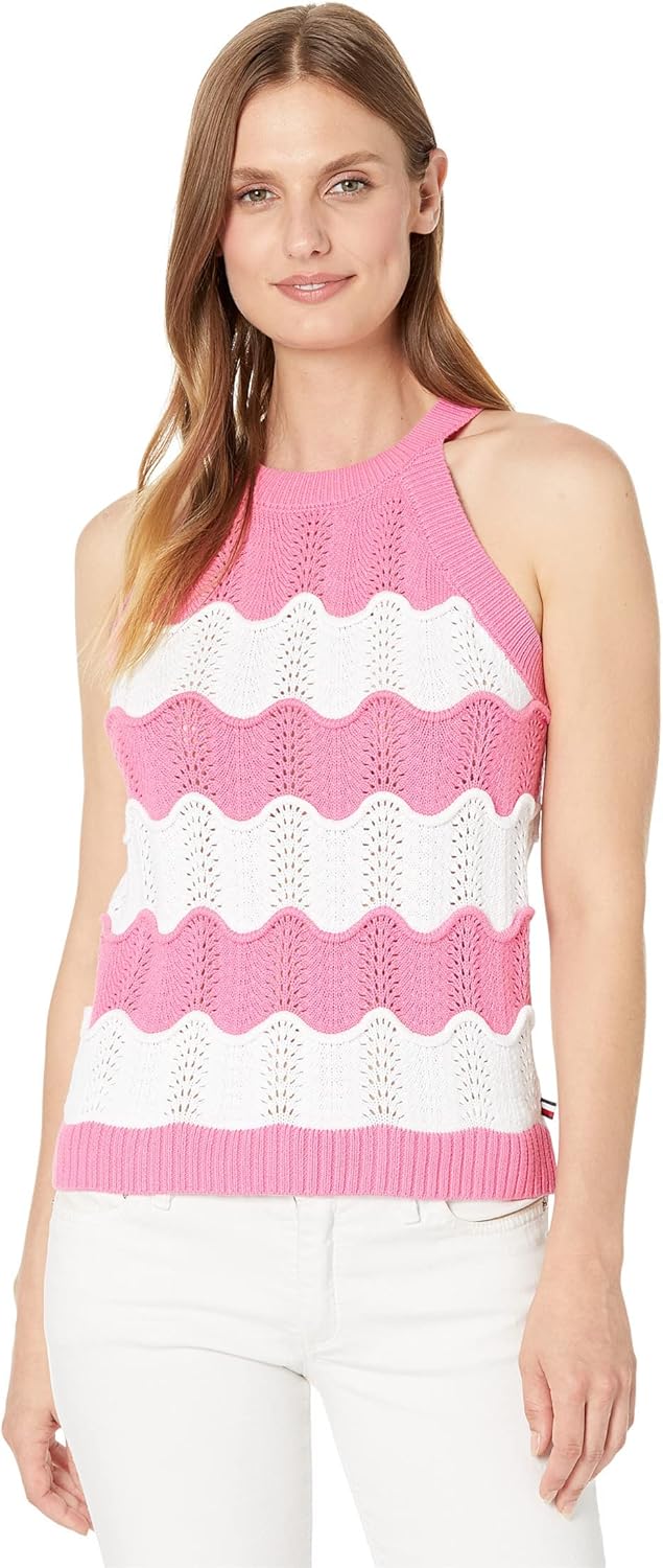 

Женская хлопковая майка Tommy Hilfiger в полоску с фестончатым узором, Dahlia/Bright White