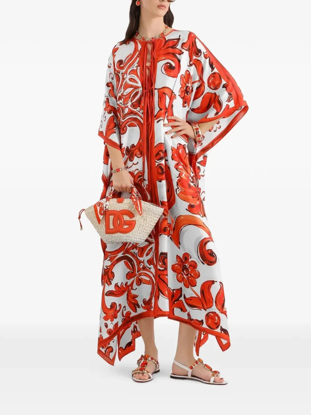 Платье-кафтан из твила с маточным принтом Dolce & Gabbana, белый — фото 2