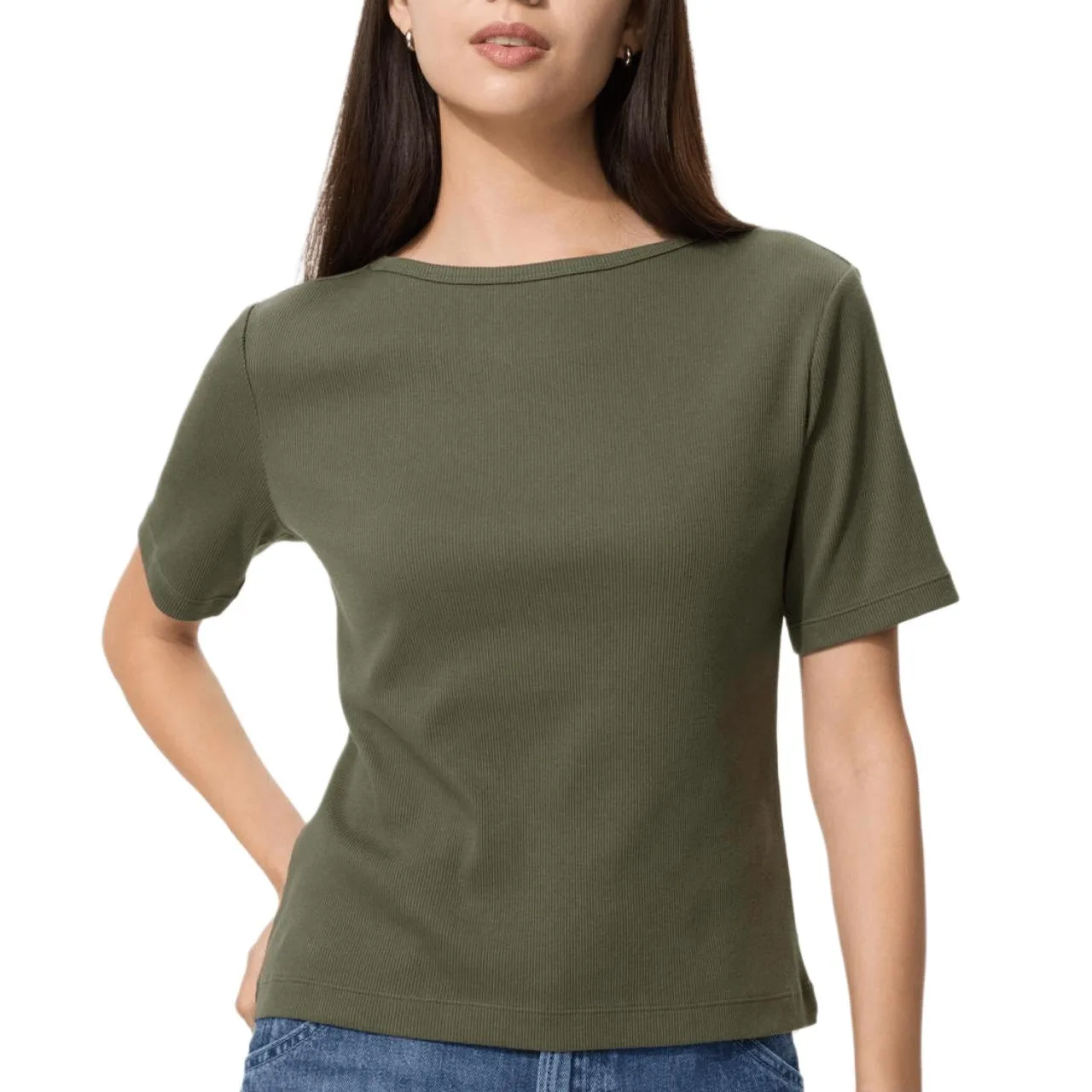 UNIQLO Футболка женская SS26 оливковая с круглым вырезом