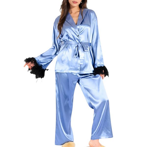 

Женский комплект для отдыха из сатина с перьевым декором и широкими брюками Anna-Kaci