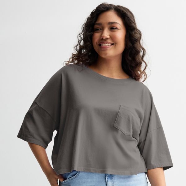 

Объемная укороченная футболка с карманом для девушек plus size So, цвет gray haze