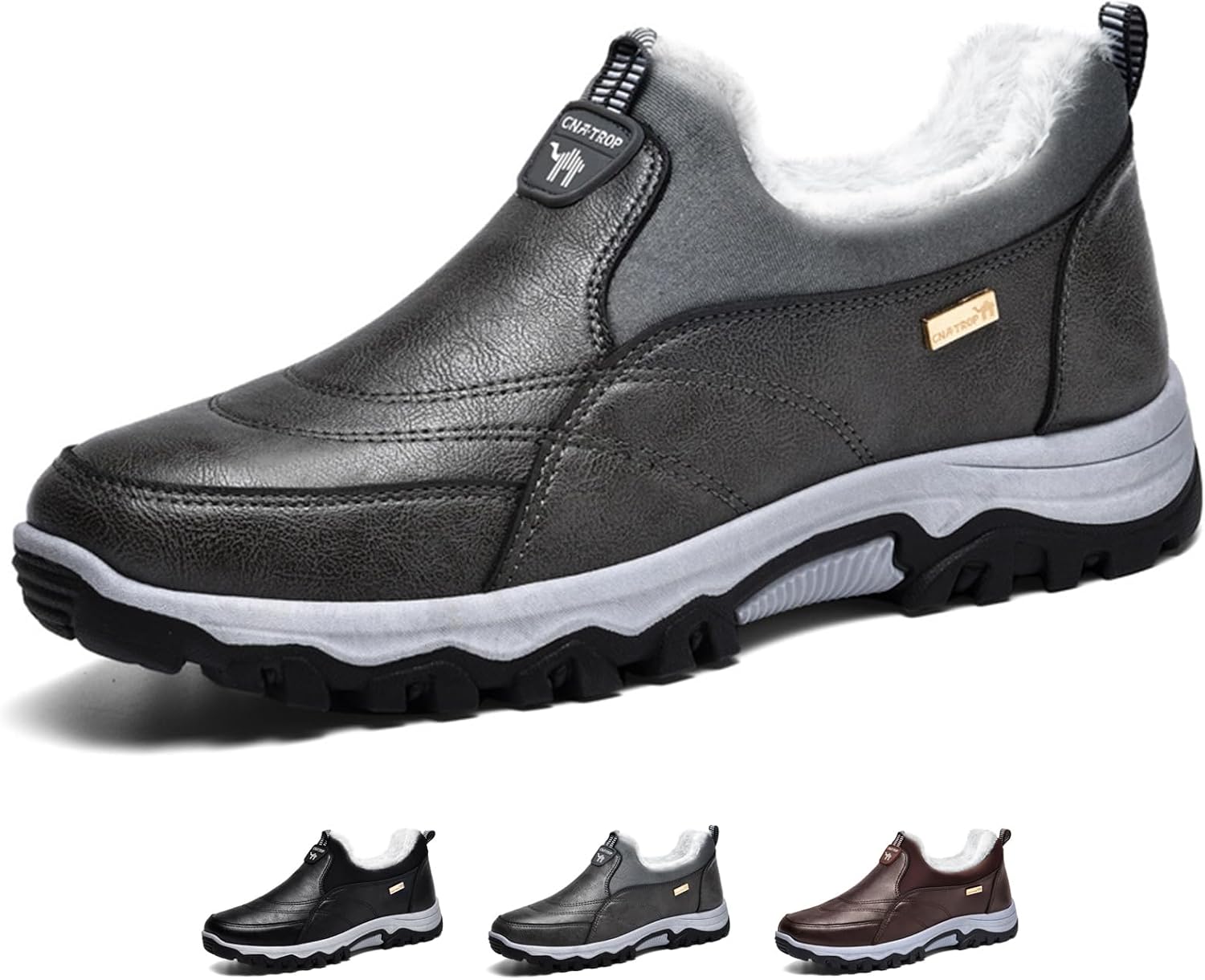 

Мужские зимние снегоходные сапоги Zeberfi с теплой меховой подкладкой, легко надеваются, повседневные для зимнего туризма, противоскользящие, водонепроницаемые, кожаные ботинки для походов, легкие для прогулок и пешего туризма, серый