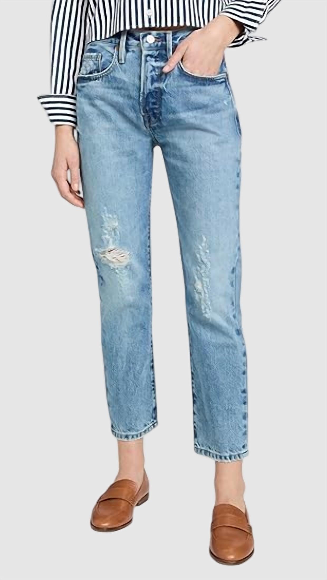

Джинсы Le Original High Rise Slim Straight Jeans в цвете Bluejay Rips Frame, Bluejay Rips