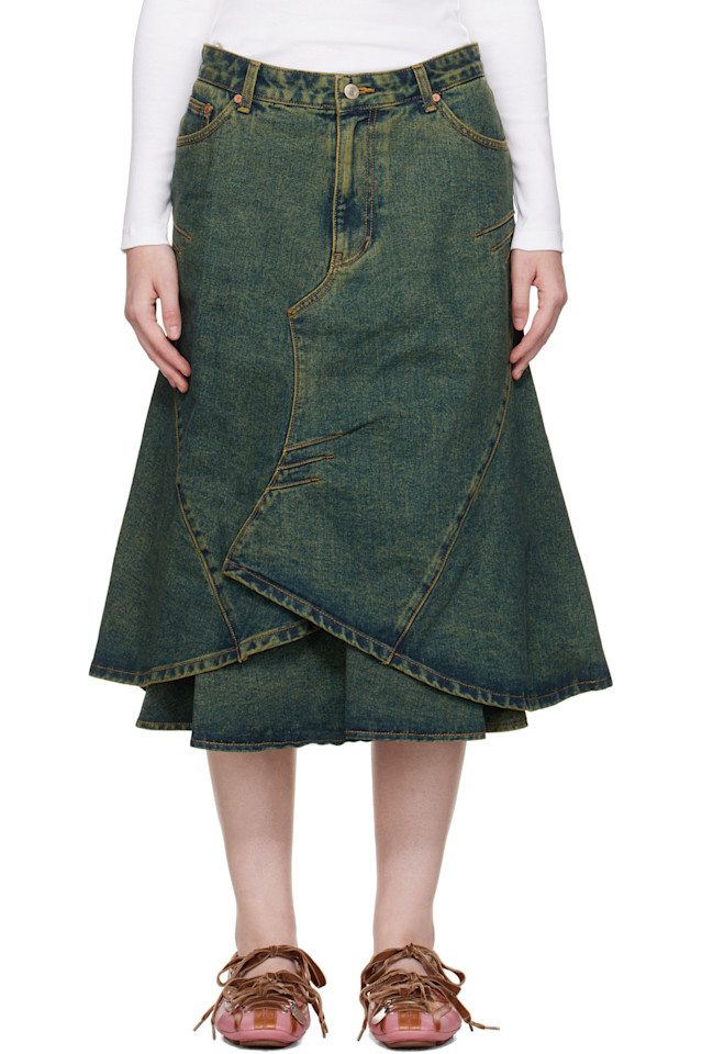 

Andersson Bell Синяя джинсовая юбка-миди с расклешенной юбкой, сшитая на заказ, многослойная