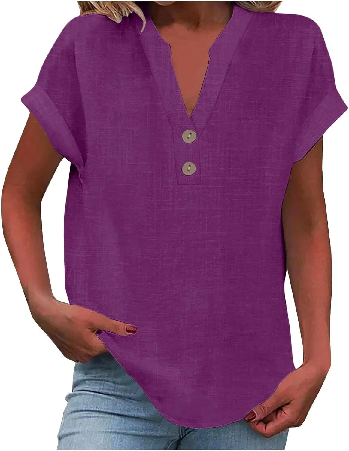 Блуза с V-образным вырезом, коротким рукавом, из льна и хлопка, 2#purple