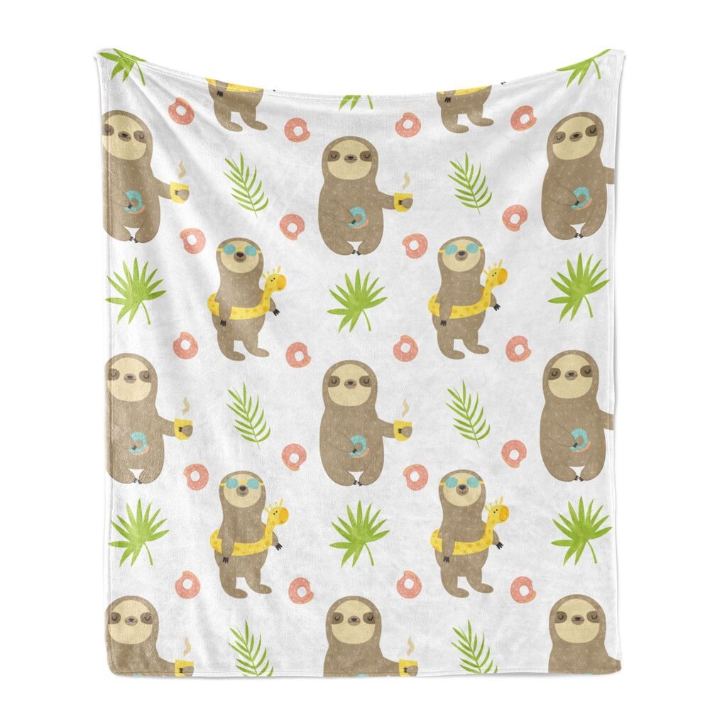 

Мягкое фланелевое флисовое одеяло ABAKUHAUS Sloth, экзотические кактусы и изображения животных, уютный плюш для использования в помещении и на улице, 125 x 175 см, белый и разноцветный