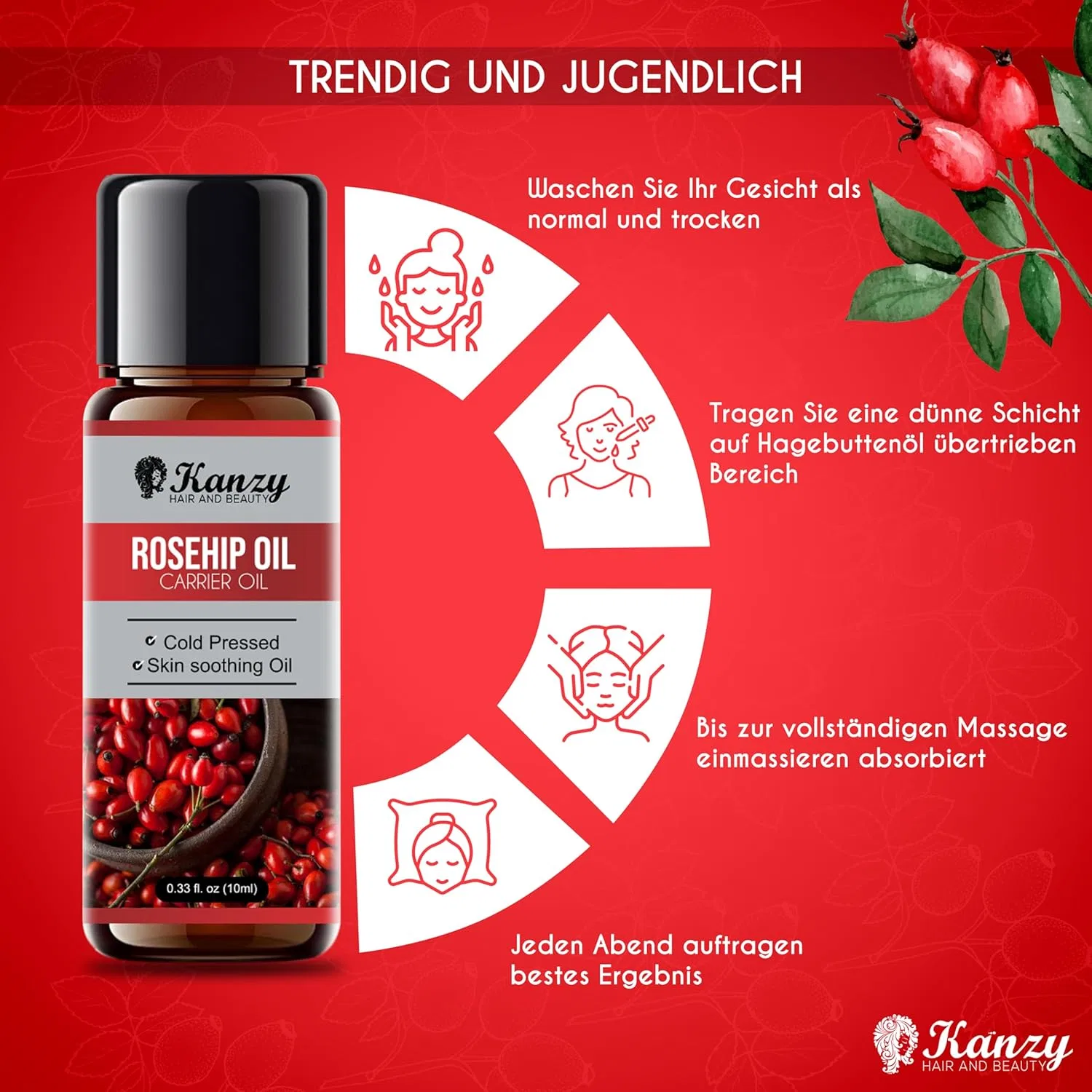 Масло для лица Kanzy Hair And Beauty — Масло шиповника холодного отжима от, 10 мл — фото 2