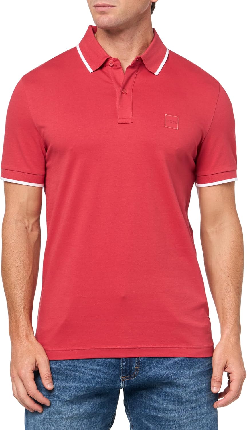 

BOSS Мужская поло с квадратным логотипом Slim Fit из хлопка, Hibiscus Red, Красный, BOSS Мужская поло с квадратным логотипом Slim Fit из хлопка, Hibiscus Red