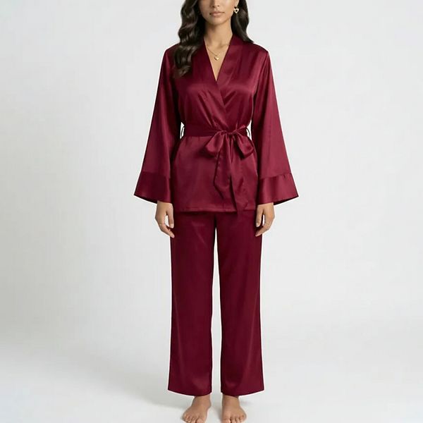 

Женский комплект из 2 предметов: топ-обертка из сатина с завязкой на талии и прямые брюки Anna-Kaci, Burgundy
