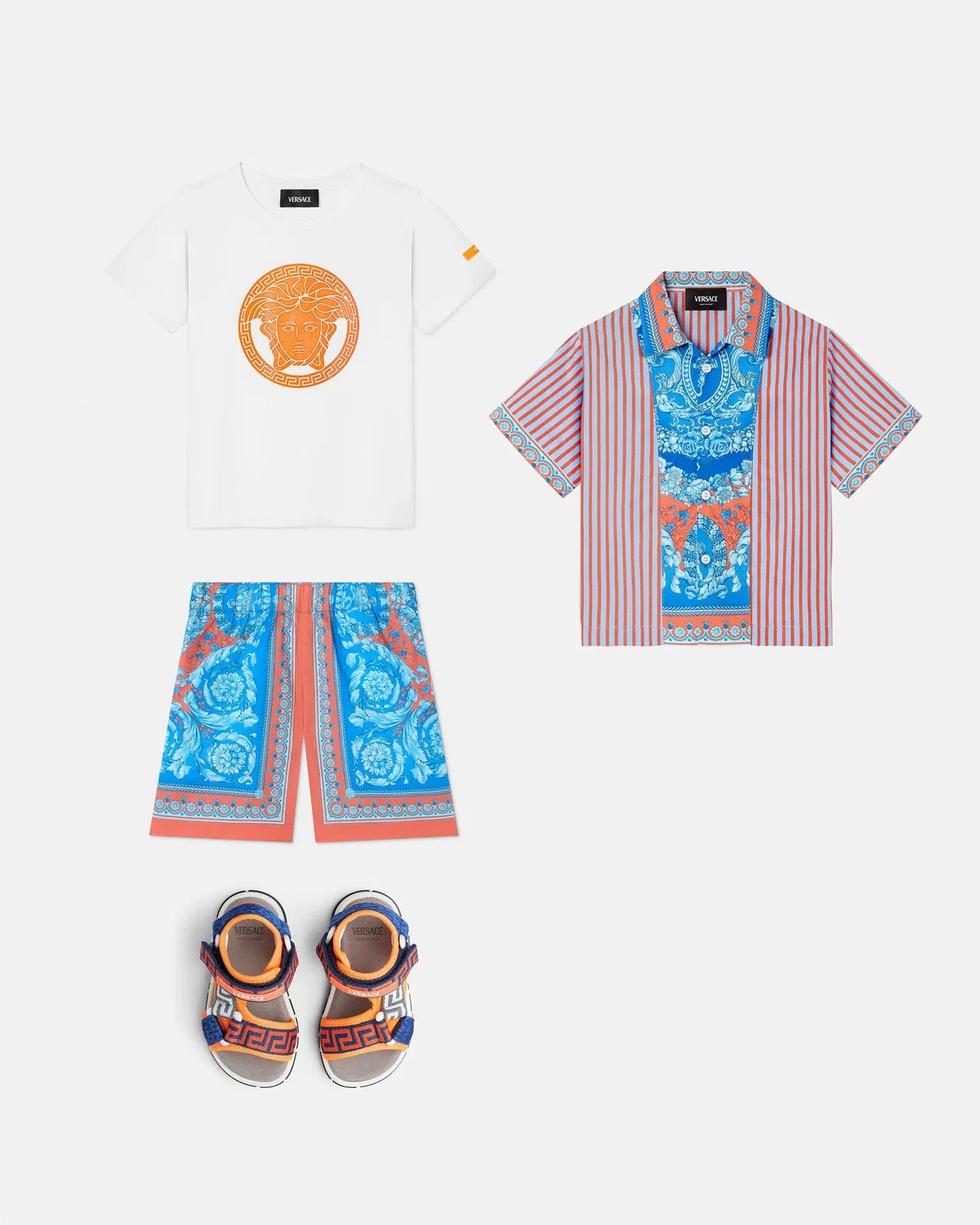 Детская рубашка из хлопкового поплина с принтом и полосками VERSACE, голубой — фото 2