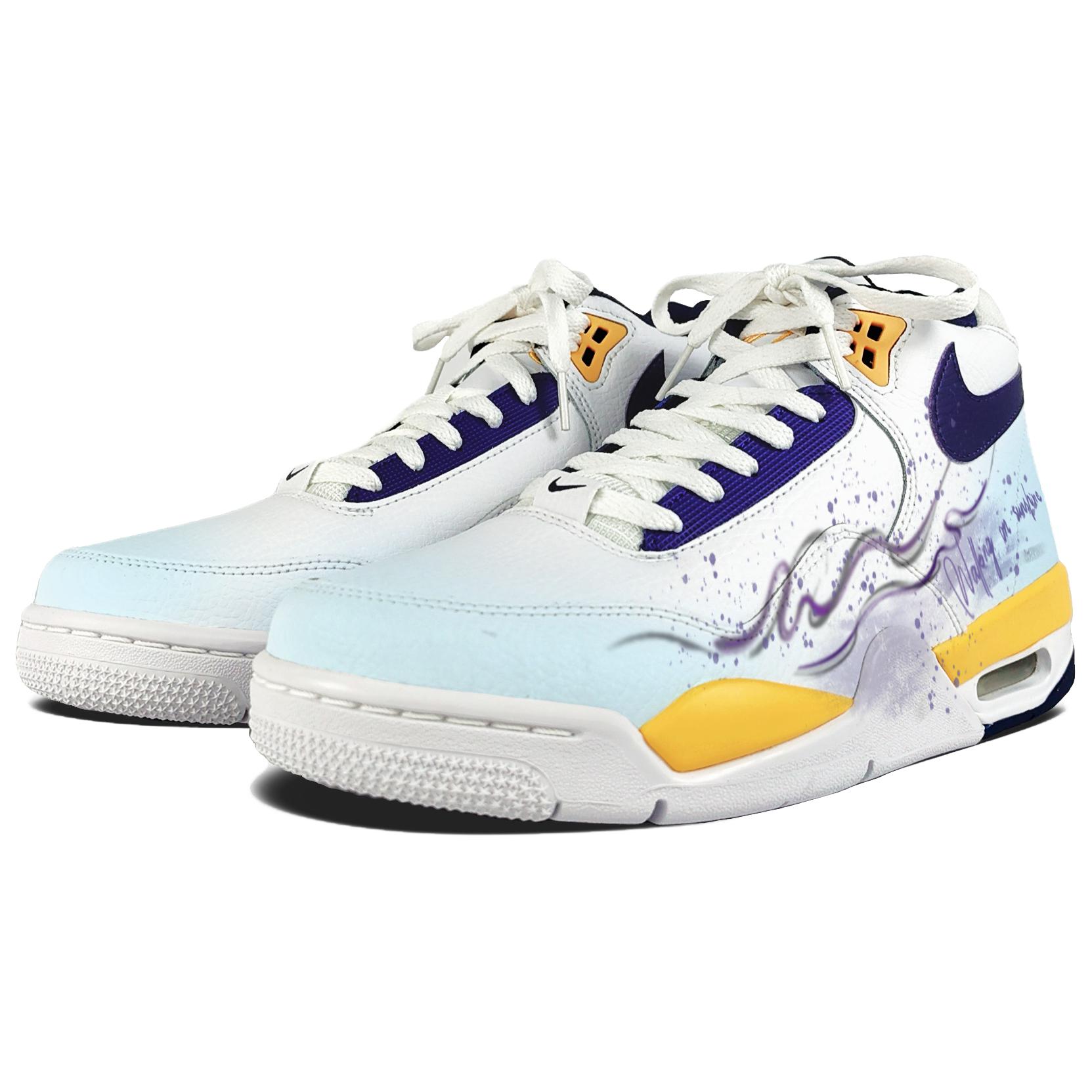 Nike Легкие баскетбольные кроссовки Flight Legacy Ink Dyed Breeze с устойчивым к истиранию покрытием, мид-топ, винтажные, мужские, белый синий желтый — фото 4