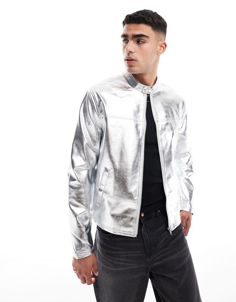 

ASOS DESIGN — гоночная куртка серебристого цвета с эффектом металлик