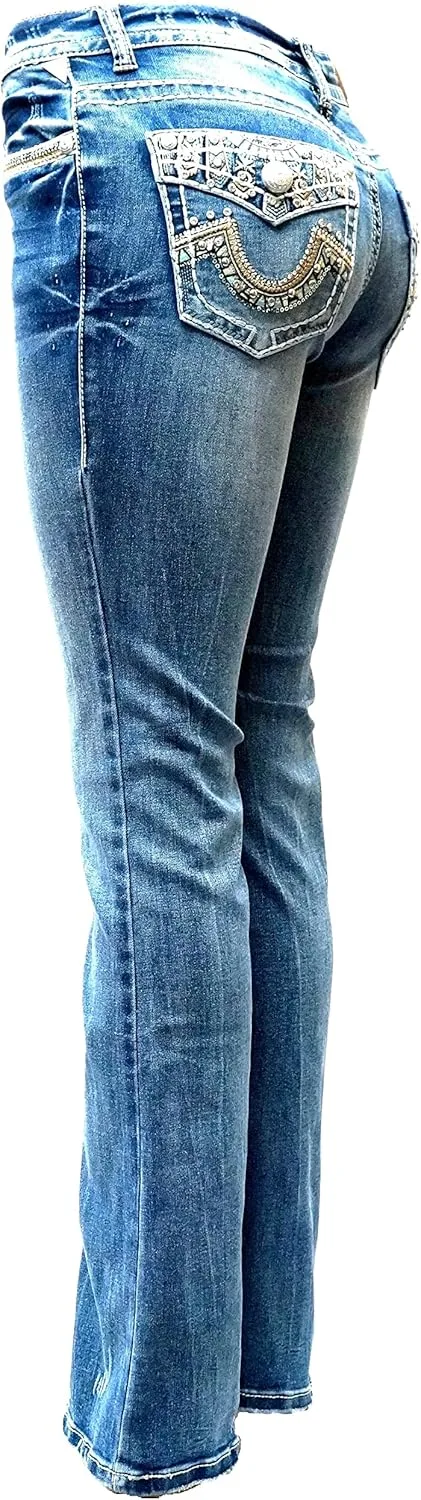 

Женские рваные джинсы Bootcut Mid Rise с эффектом винтаж и стразами на карманах S96-PB SEXY COUTURE