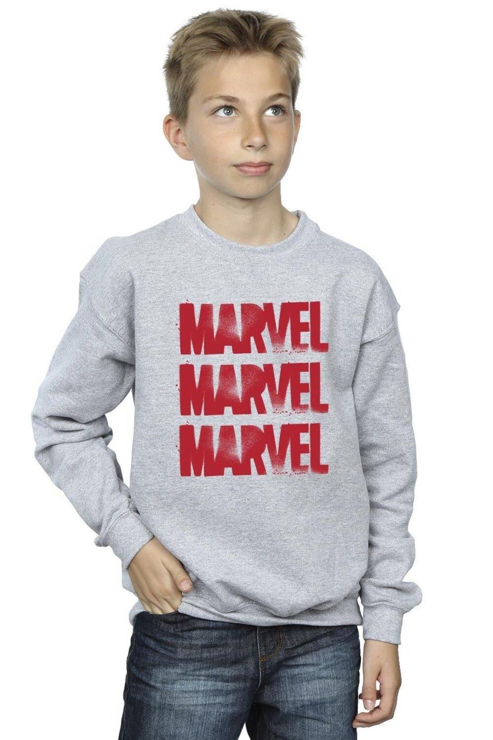 

Красный свитшот с логотипом в виде спрея Marvel, серый