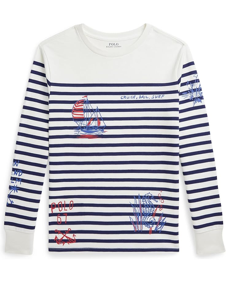 

Футболка Polo Ralph Lauren Kids Striped Cotton Graphic Long-Sleeve Tee, цвет Deckwash White/Boathouse Navy