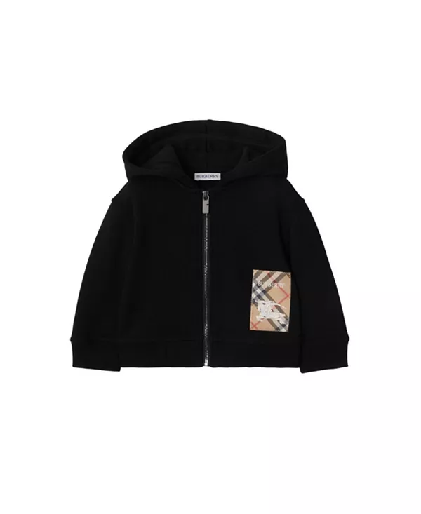

Детская хлопковая толстовка на молнии с клетчатой этикеткой - для малышек. Burberry, черный