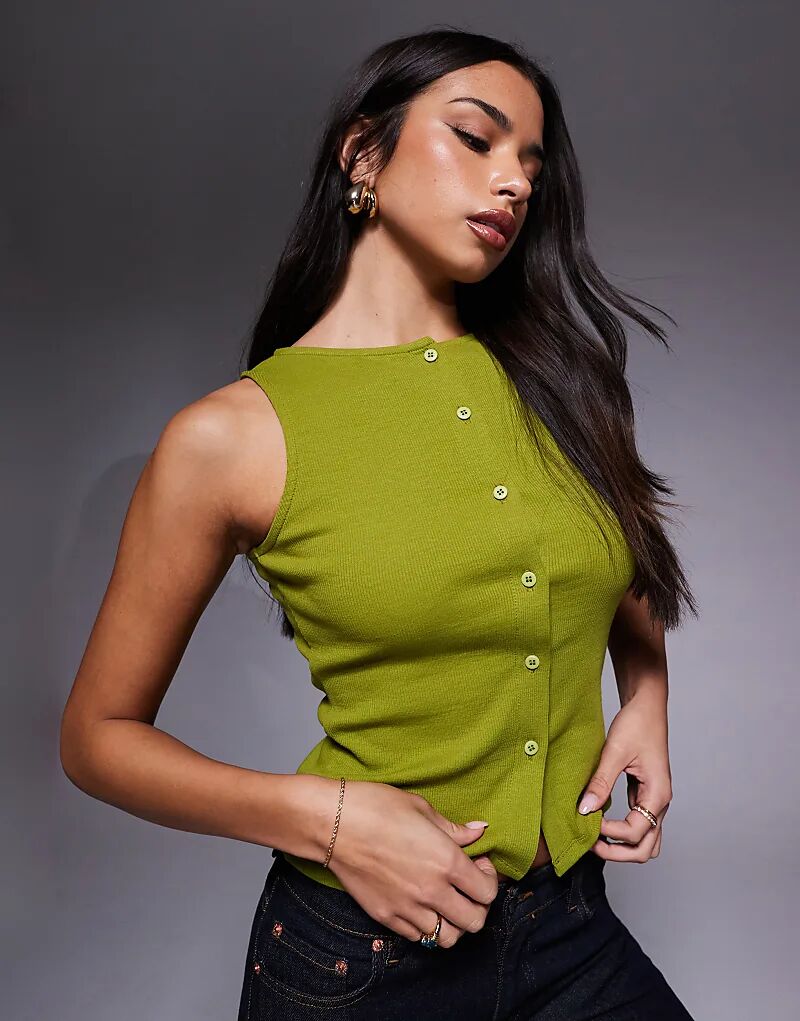 

Топ ASOS DESIGN с широким вырезом, отделкой под рубчик и застежкой на пуговицы, оливкового цвета