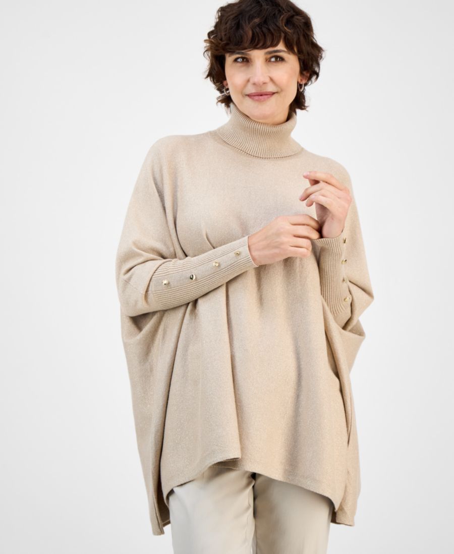 

Женский свитер-пончо с высоким воротником, размеры PXS-XXL JM Collection, Lurex Champagne Gold