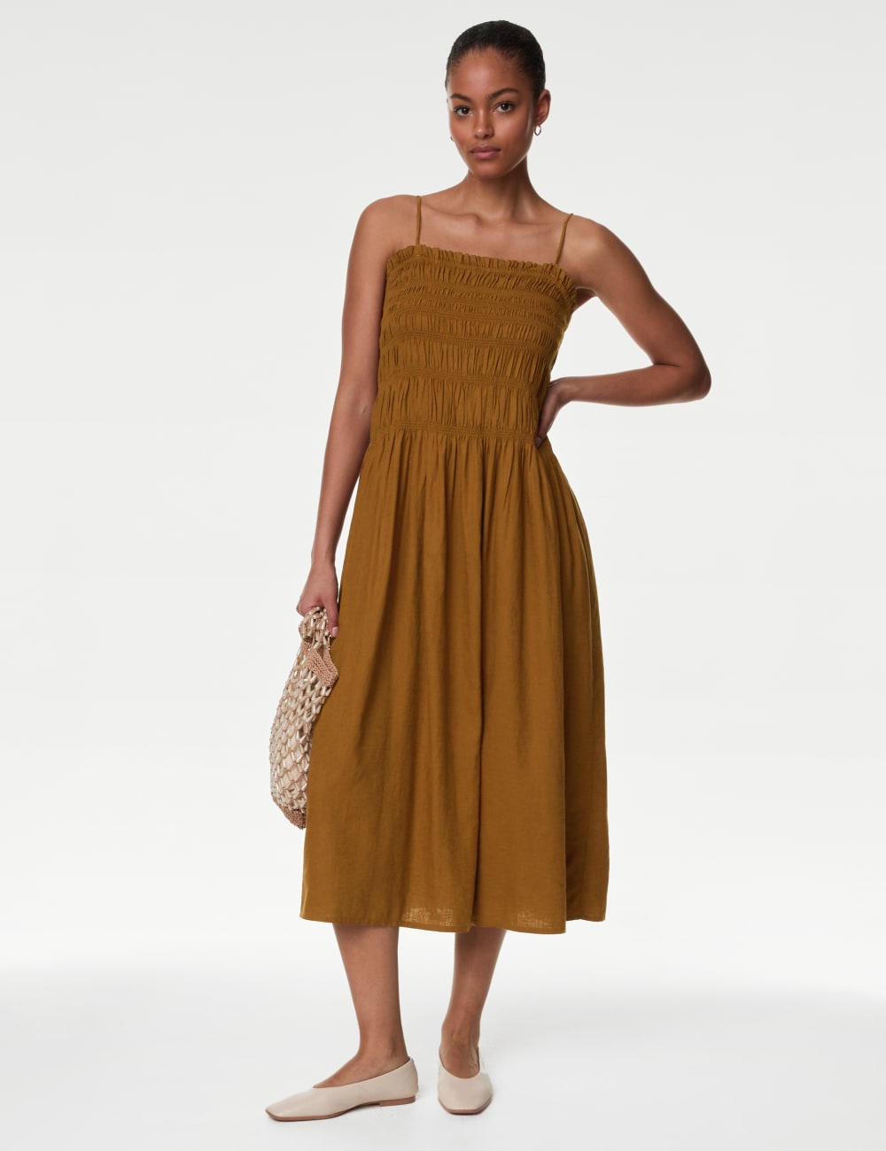 

Платье-комбинация миди из льна с квадратным вырезом Marks & Spencer, цвет Copper tan