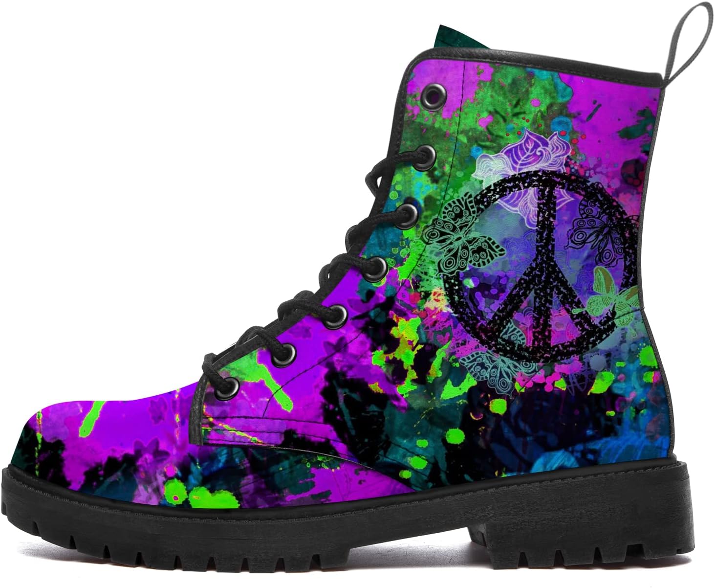 

Ботинки с символом мира для мужчин и женщин, армейские ботинки из веганской кожи, на шнуровке, зимние, рабочие, подарок для нее и для него Lodaden, черный/фиолетовый