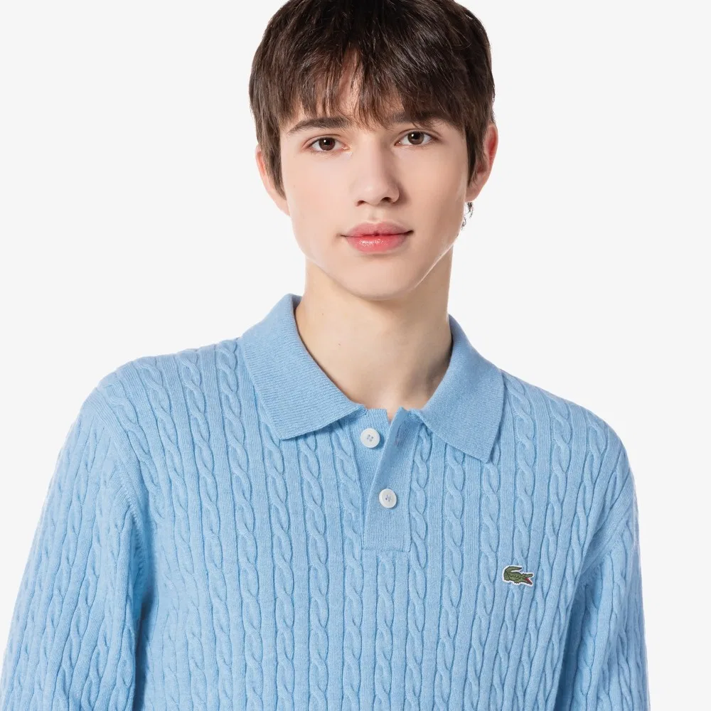Мужской вязаный джемпер поло с косами синий от Lacoste — фото 2