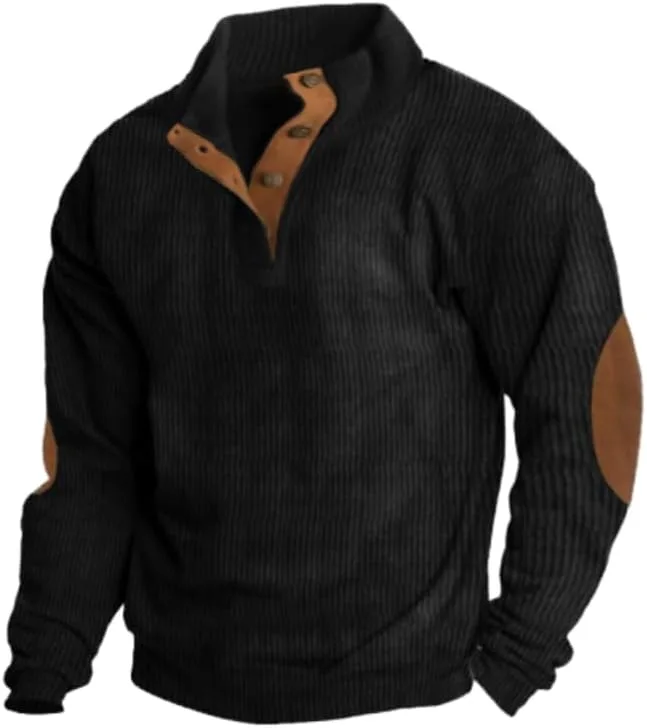 

Мужской свитер хенли из вельвета и вафельной вязки — отложной воротник с кожаными пуговицами и налокотниками OSCORP