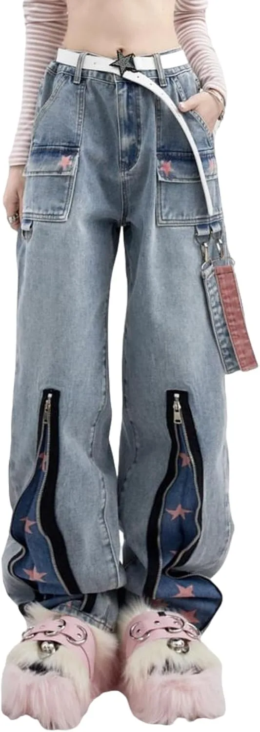 

Готические женские джинсы loose relaxed high waist с большими карманами MEOKIM