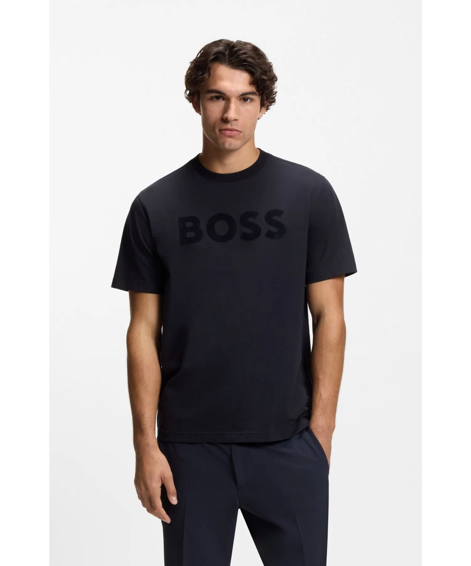 Мужская футболка BOSS из стрейч-хлопка с логотипом тёмно-синяя