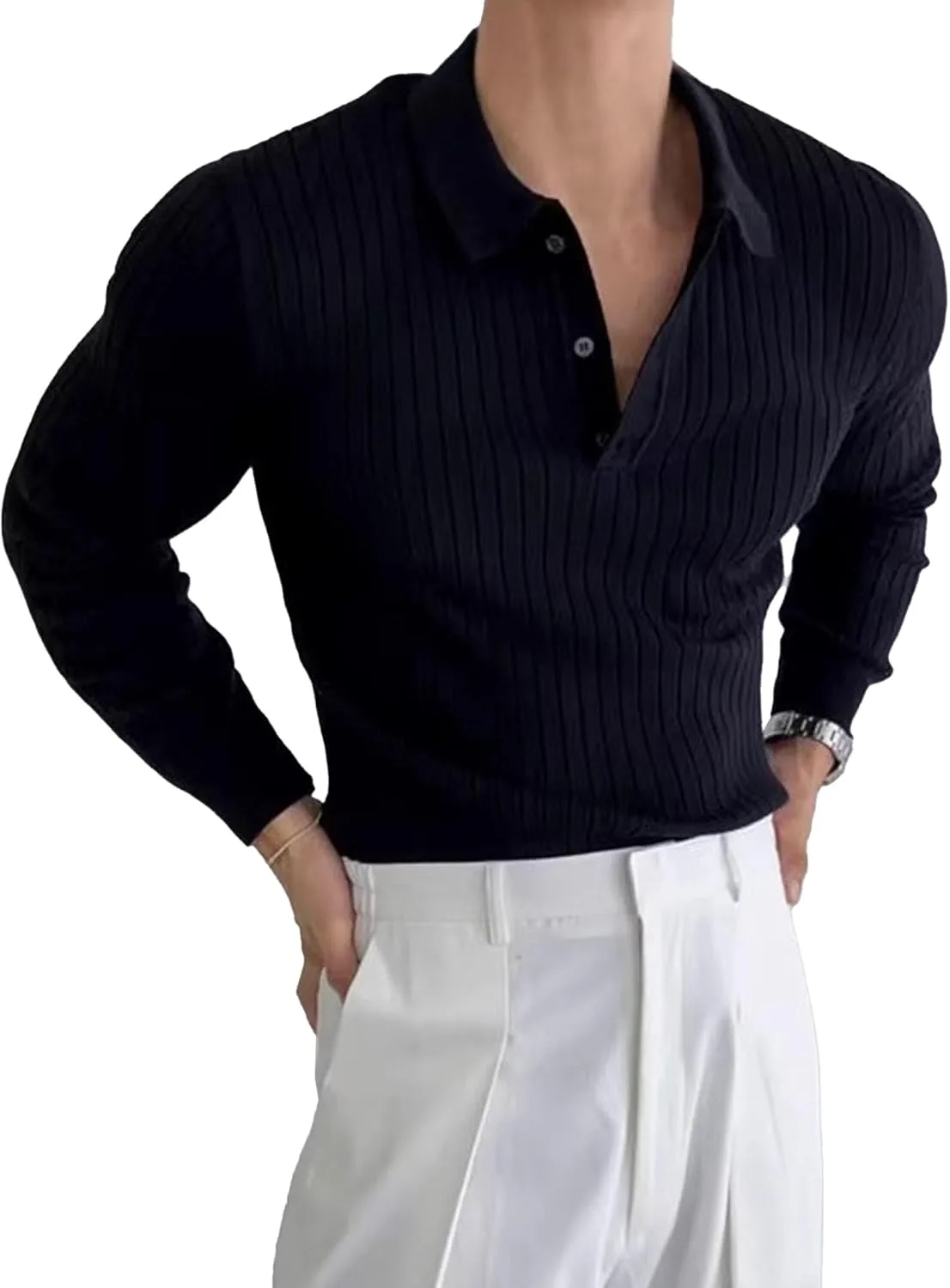 

Мужской легкий свитер поло с ребристой текстурой и застежкой на четверть