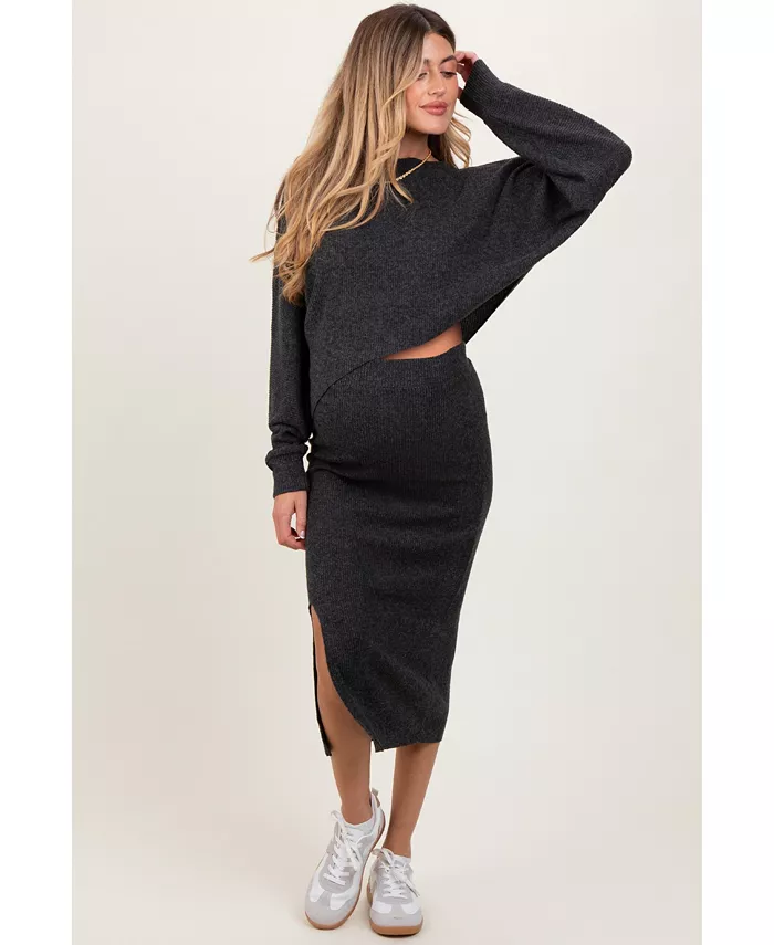 

Беременный комплект с асимметричным топом и миди-юбкой из ребристого трикотажа цвета мокко Pinkblush, серый