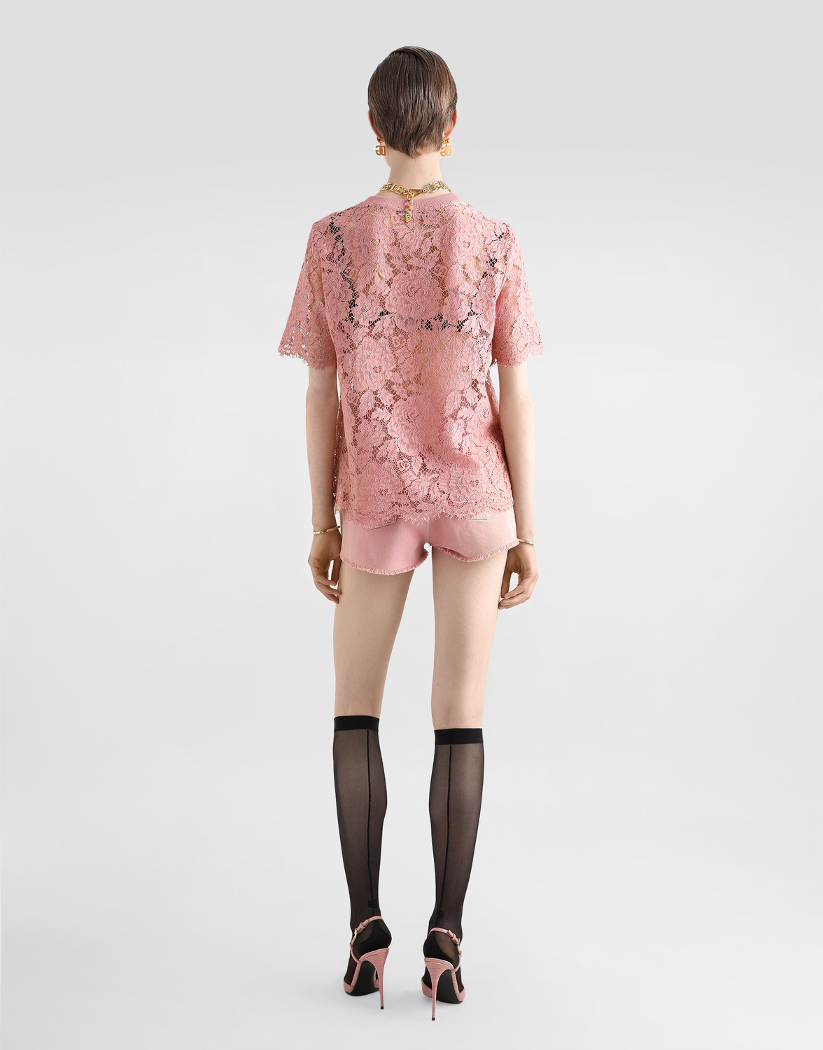 Футболка из кордоне кружева с короткими рукавами Dolce & Gabbana, розовый — фото 3