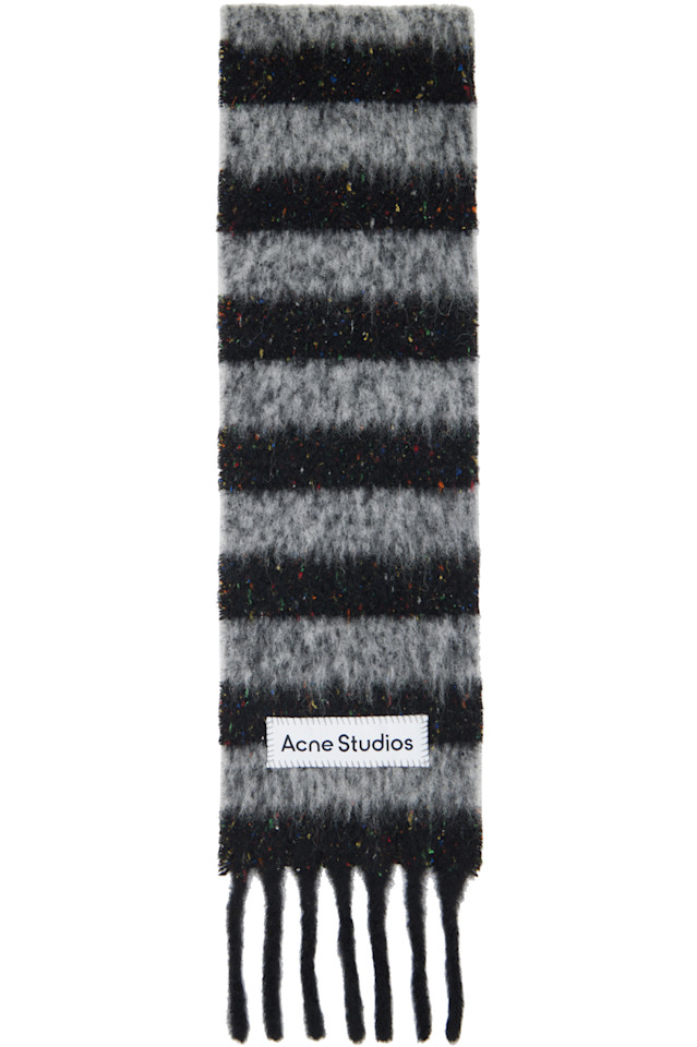 

Acne Studios Узкий шерстяной шарф с бахромой, черно-серого цвета