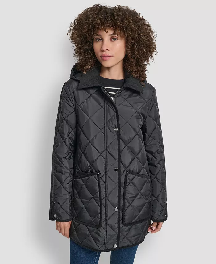 

Женское стеганое пальто с вельветовым воротником и капюшоном DKNY, черный