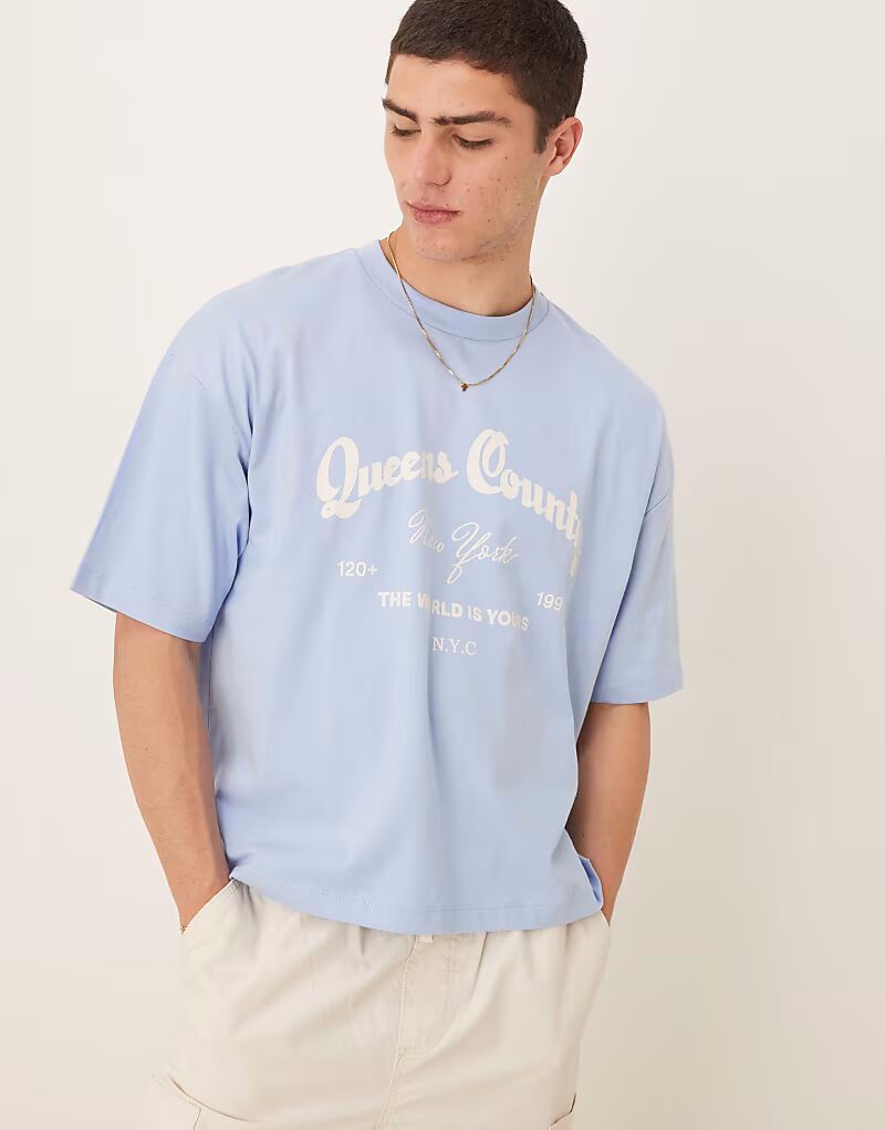 

Футболка свободного кроя ASOS DESIGN с вышивкой города светло-голубого цвета