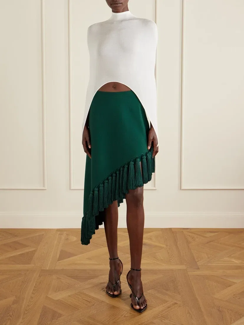 Укороченный топ из смесового шелка с воротником-стойкой Alaïa, белый — фото 2