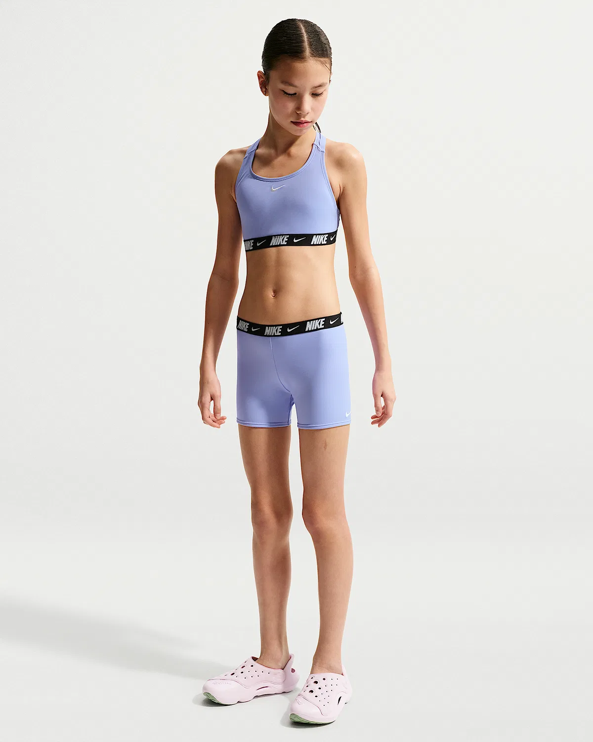 Детский (девочки) раздельный купальник Nike Swim с лямками-борцовками и шортами, Light Thistle