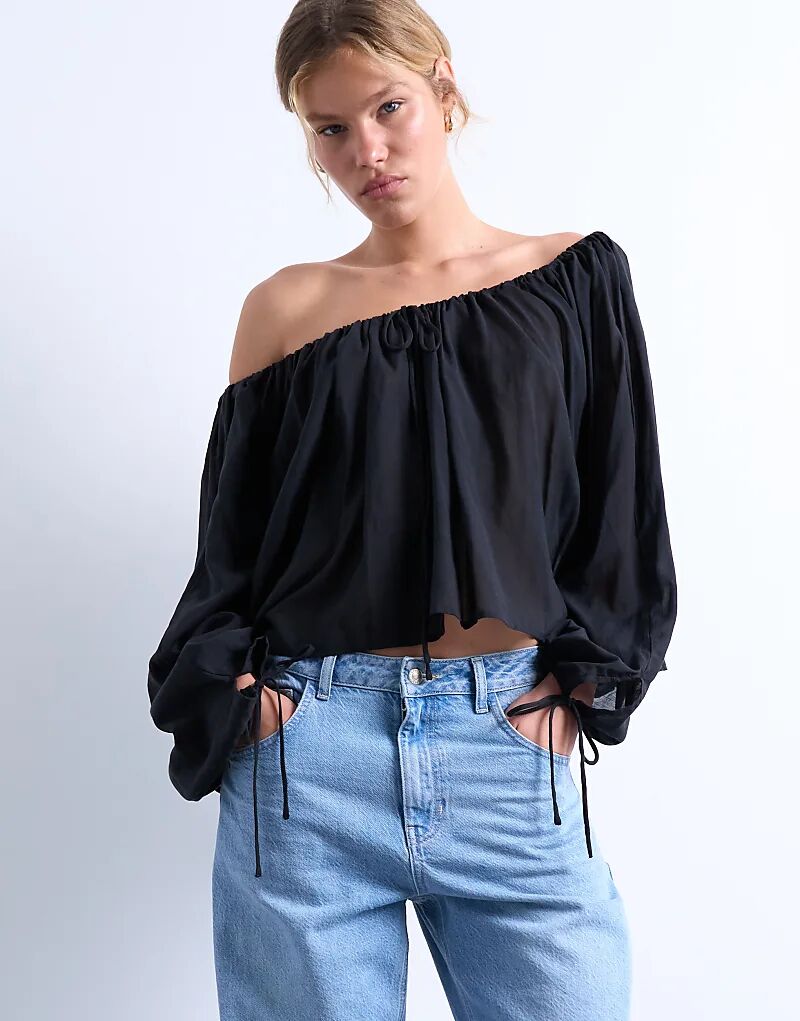 

Блузка-трапеция Topshop с длинными рукавами и завязкой, черного цвета