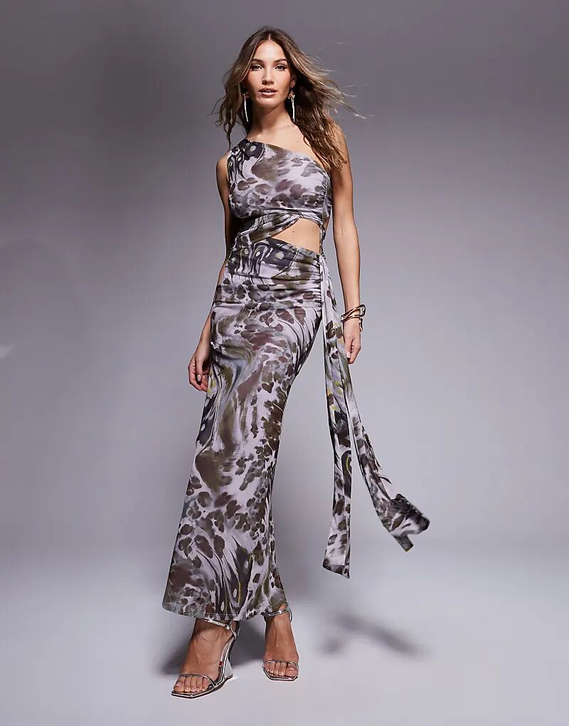 

Платье миди ASOS DESIGN из сетки асимметричного кроя на одно плечо с длинными завязками и абстрактным вихревым принтом