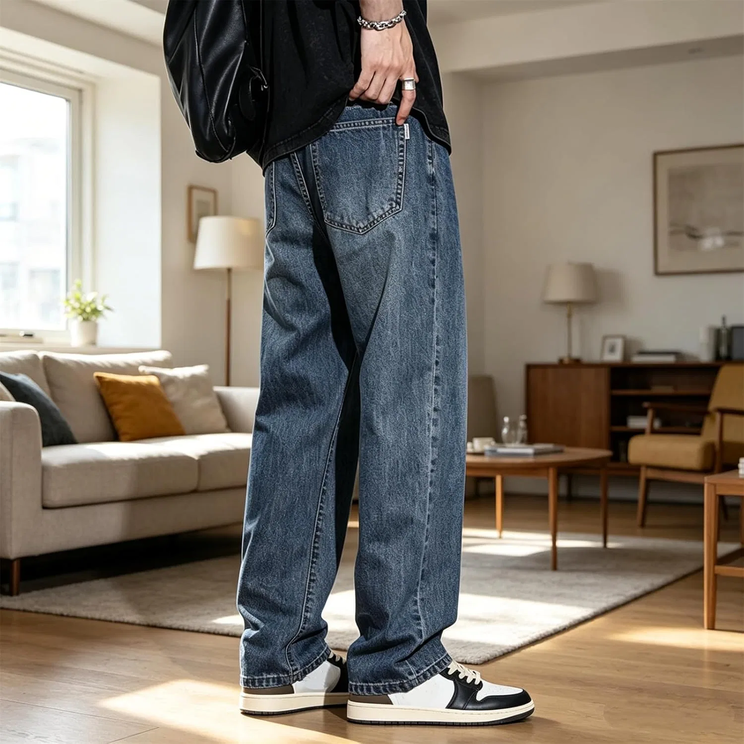 Джинсы прямые свободные Mens Casual Baggy Straight Leg Jeans Classic Retro Elastic Fit Hip Hop Denim Pants for Streetwear Daily Casual, темно-синие — фото 2