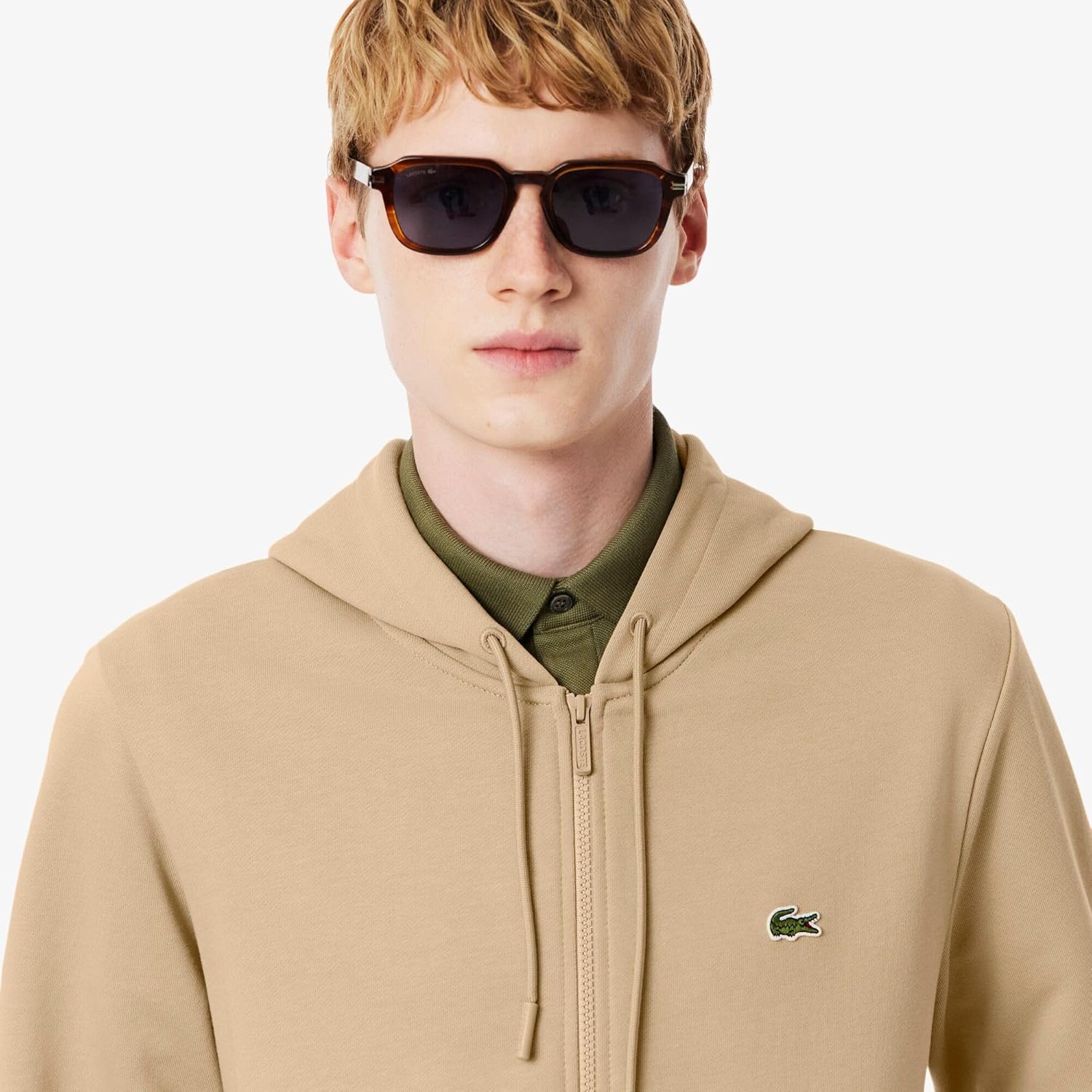 Мужская толстовка Lacoste (официальная) Essential на молнии с капюшоном, бежевый — фото 2