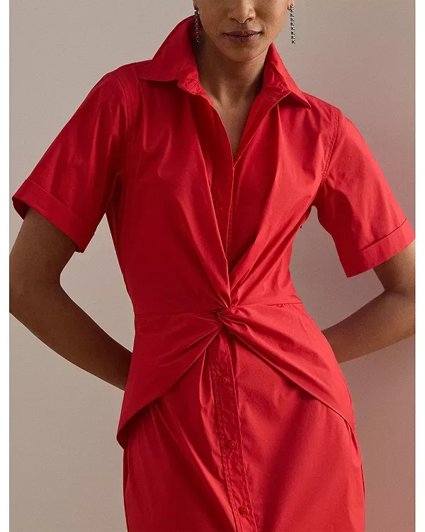 Платье-Рубашка из смесовой хлопковой ткани с перекрученным передом Ralph Lauren, Red — фото 4