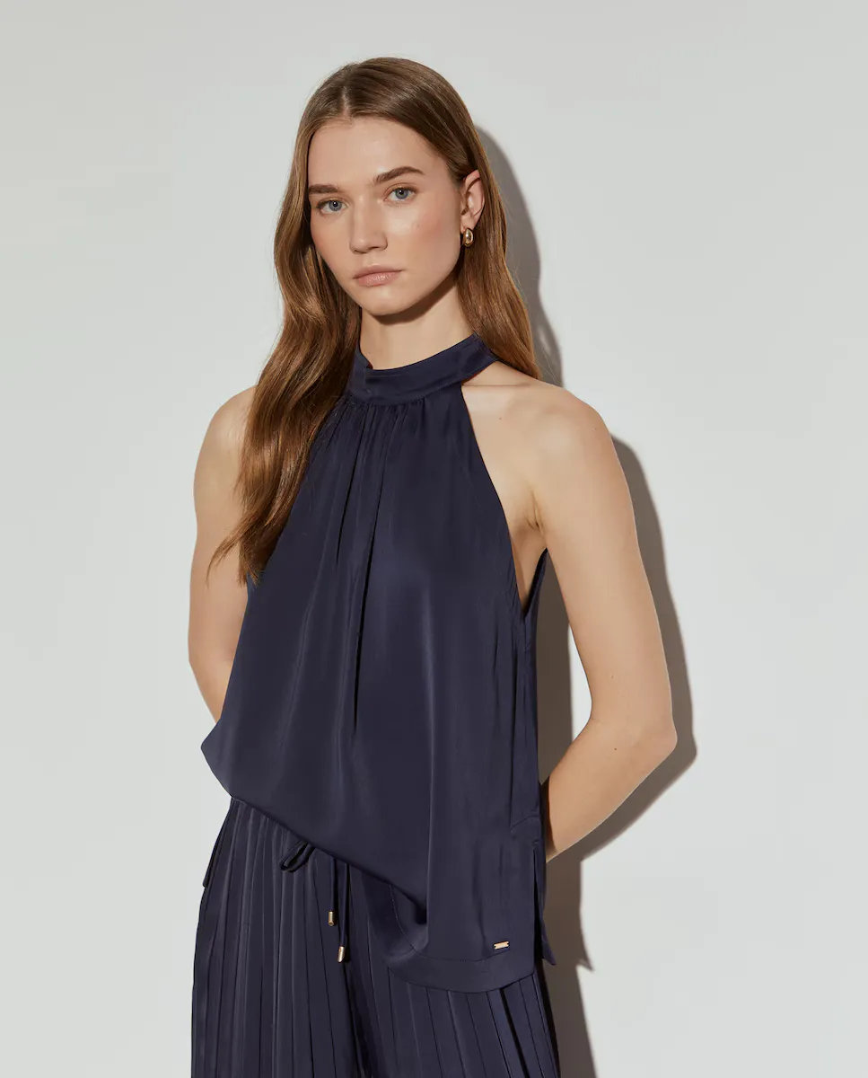 

Женская блузка с халтер-воротником из атласной ткани Lion of Porches, темно-синий