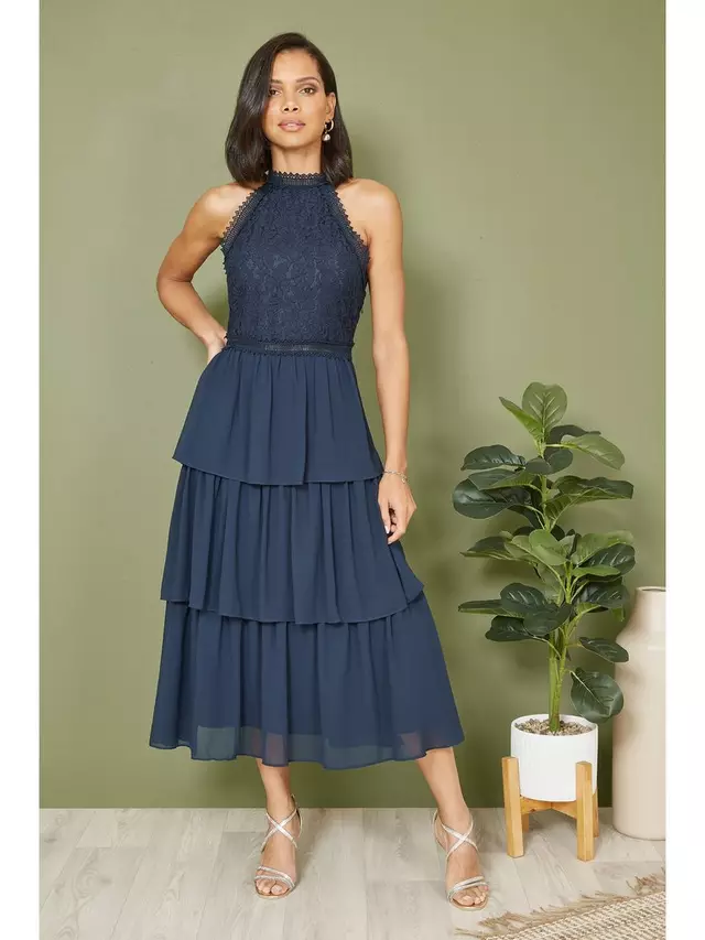 

Платье Yumi Lace Halter Neck Midi, темно-синий
