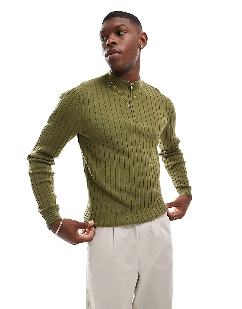 

Джемпер Essential Muscle Fit из трикотажного полотна с застежкой-молнией 1/2 цвета хаки ASOS DESIGN