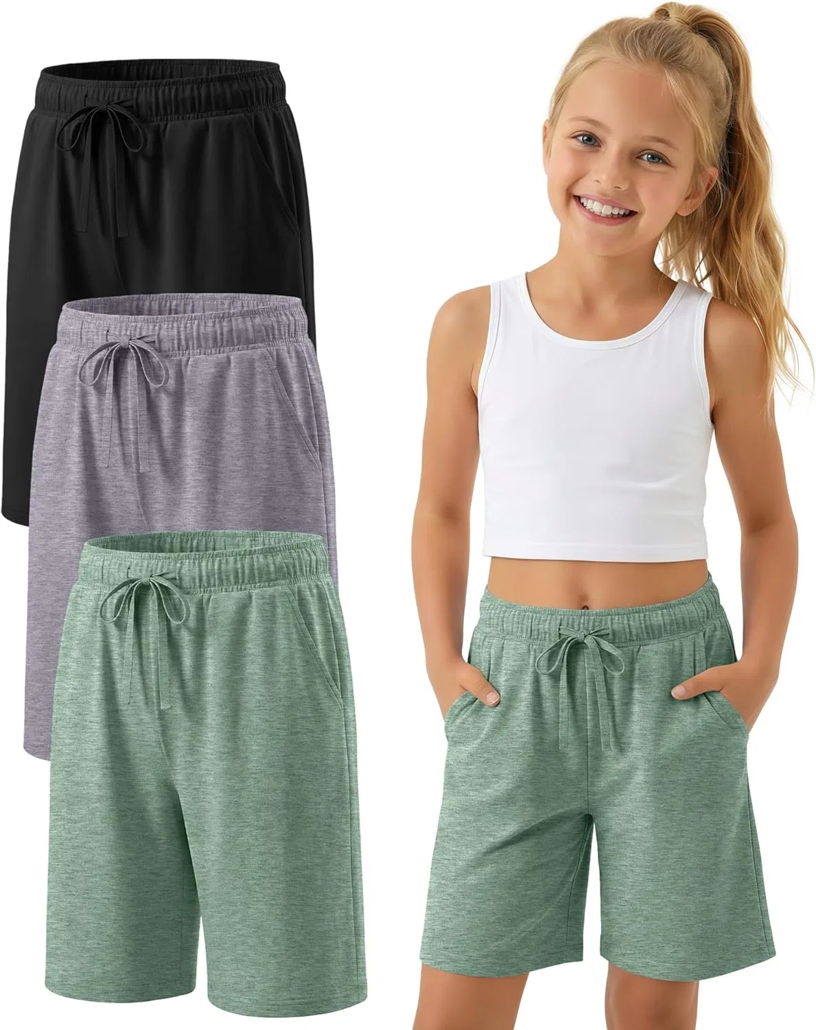 Детские бермуды 3 шт, YooAurvox, Black, Light Mixed Gray, Grass Green